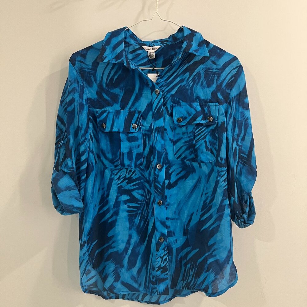 Calvin Klein Blue & Black Abstract Zebra Print Button-Up Blouse - Size XS